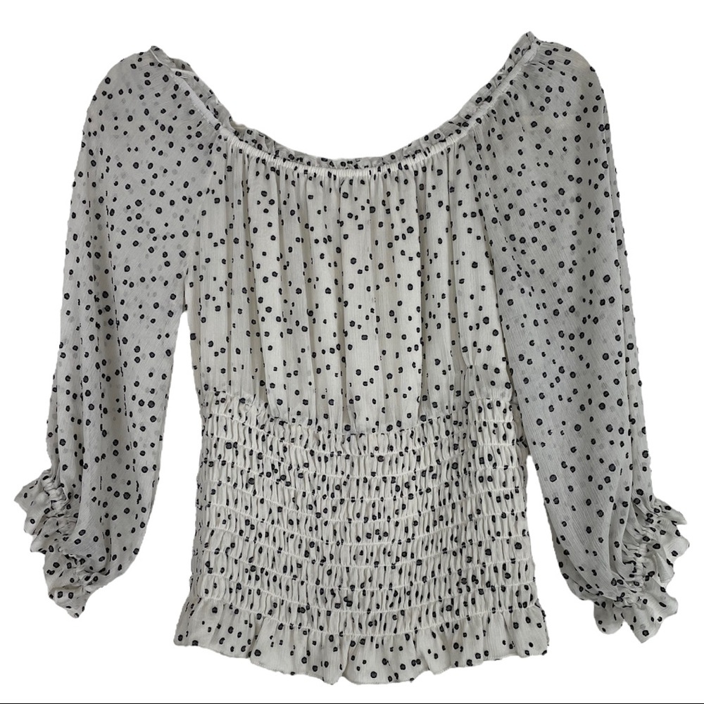 28) ANTHROPOLOGIE ivory Lucia Off-The-Shoulder Polka Dot Smocked Blouse sz S - Picture 2 of 4